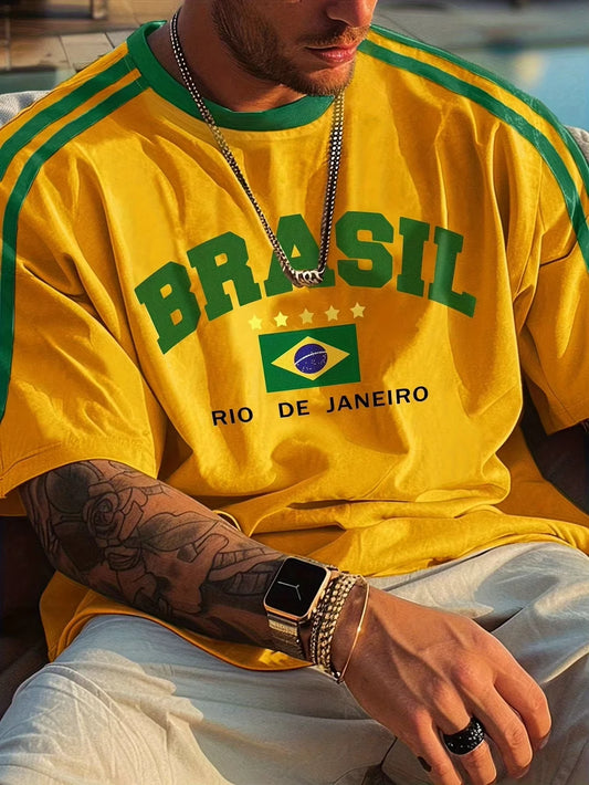 Men’s Summer 2025 Brasil Print T-Shirt – Vintage Short Sleeve Oversized Tee. FREE SHIPPING WORLDWIDE